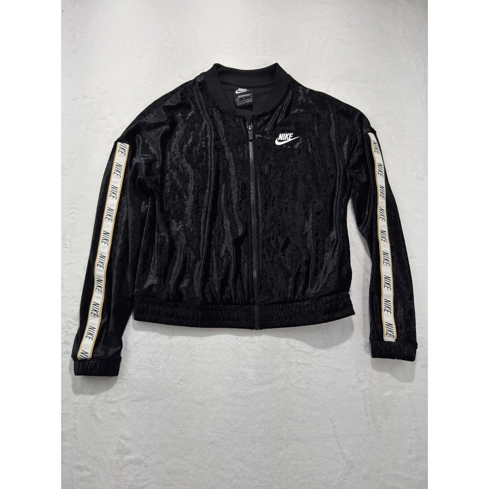 Nike Track Jacket Womens Large Black Velour Full Zip Logo Tape Sleeves Swoosh
